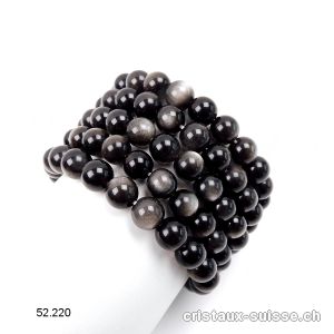 Bracelet Obsidienne argentée 8 mm, élastique 18,5 - 18 cm. Taille M