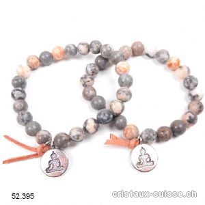 Bracelet Marbre zébré gris et rose 8,5 mm / 18 - 19 cm. Avec charm BOUDDHA