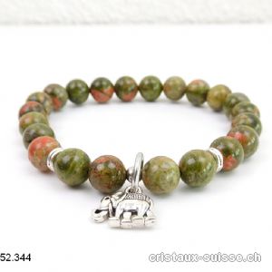 Bracelet Unakite - épidote 8,5 mm / 19 cm. AVEC ELEPHANT. Offre Spéciale