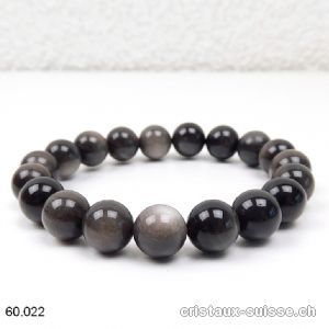 Bracelet Obsidienne argentée 10 mm, élastique 18,5 cm