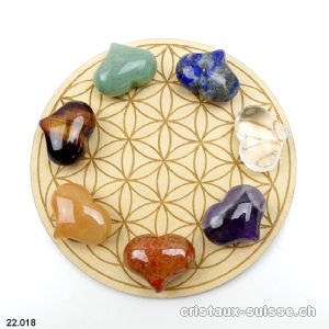 Set Chakras 7 Coeurs 2,5 cm et Plateau Fleur de Vie en bois 10 cm