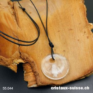 Collier Donut Cristal de roche 3 cm avec cordon en cuir noir noué