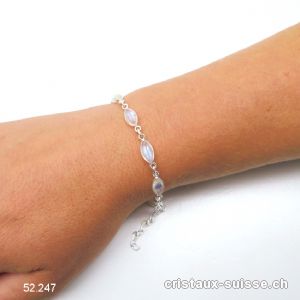 Bracelet Pierre de Lune arc-en-ciel Navette en argent 925, réglable 17 - 20 cm