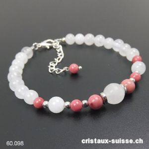 Bracelet Rhodonite - Jade blanc, réglable 19 - 23,5 cm