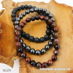 3 bracelets ANCRAGE et FORCE - Oeil de Tigre Rouge, Hématite, Lave