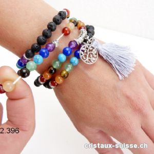 Bracelet  7 Chakras et Lave, Mala élastique. Avec Pompon et Arbre de Vie