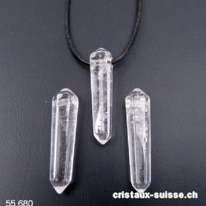 Cristal de roche percé, taille biterminée 3,5 cm avec cordon en cuir à nouer. OFFRE SPECIALE