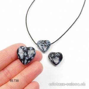 Obsidienne Flocons de Neige, coeur percé 2 cm avec cordon cuir à nouer