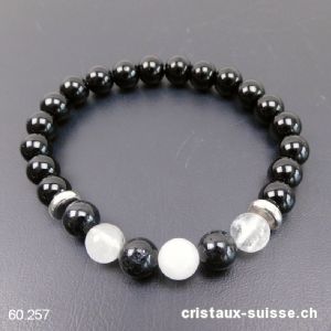 Bracelet Tourmaline-quartz et Agate noire 8 mm, élastique 19 cm