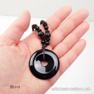 Collier Donut Onyx noir 4 cm, avec cordon tissu brun foncé