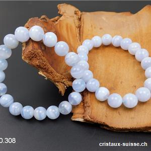 Bracelet Calcédoine bleue rubannée 10 mm, élastique 18,5 - 19 cm. Qual. A