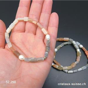 Bracelet Pierre de Lune rectangles et Perles, élastique env. 20 cm. Taille XL 