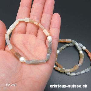 Bracelet Pierre de Lune rectangles et Perles, élastique env. 20 cm. Taille XL 