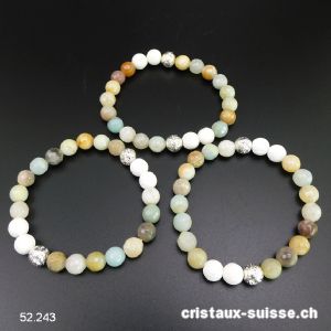 Bracelet Amazonite multicolore facettée et Lave blanche 8 mm, élastique 19 cm. OFFRE SPECIALE