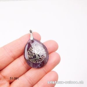 Pendentif Améthyste goutte avec Arbre de Vie 3 x 2,5 cm