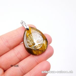 Pendentif Oeil de Tigre, goutte avec Arbre de Vie 3 x 2,5 cm