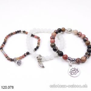 3 bracelets APAISEMENT, Rhodonite et Jade blanc. Offre Spéciale