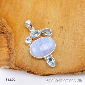 Pendentif Calcédoine bleue rubanée, Topaze bleue en argent 925. Pièce unique