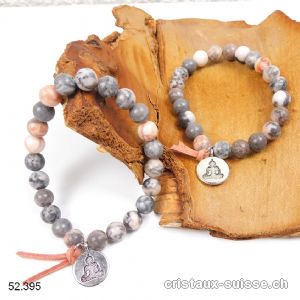 Bracelet Marbre zébré gris et rose 8,5 mm / 18 - 19 cm. Avec charm BOUDDHA