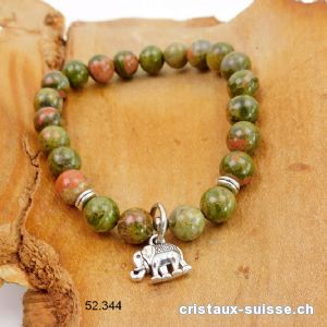 Bracelet Unakite - épidote 8,5 mm / 19 cm. AVEC ELEPHANT. Offre Spéciale