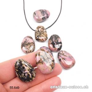 Rhodonite 2,7 - 3 cm, percée avec cordon en cuir à nouer