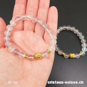 Bracelet Fluorite claire 8 - 8,5 mm/19 cm et BOUDDHA doré. Offre Spéciale