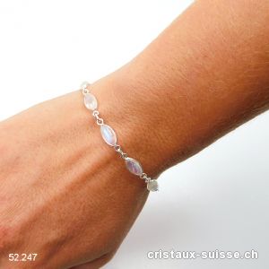 Bracelet Pierre de Lune arc-en-ciel Navette en argent 925, réglable 17 - 20 cm