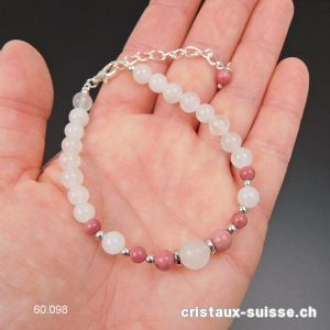 Bracelet Rhodonite - Jade blanc, réglable 19 - 23,5 cm