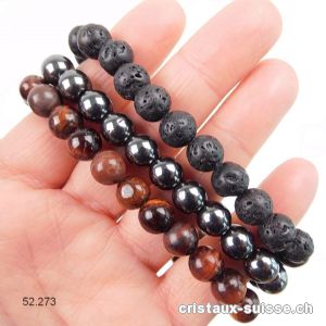 3 bracelets ANCRAGE et FORCE - Oeil de Tigre Rouge, Hématite, Lave
