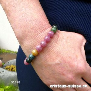Bracelet Tourmaline multicolore 8,5 mm / 18 cm. Taille M