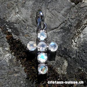 Pendentif petite CROIX Pierre de Lune arc-en-ciel en argent 925