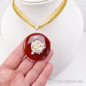 Collier donut Cornaline foncée 4 cm avec Suspend ROSE argent 925 Pièce unique