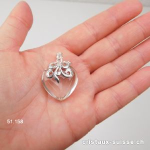 Pendentif Cristal de Roche Coeur bombé 2,5 cm, argent 925