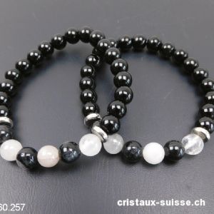 Bracelet Tourmaline-quartz et Agate noire 8 mm, élastique 19 cm