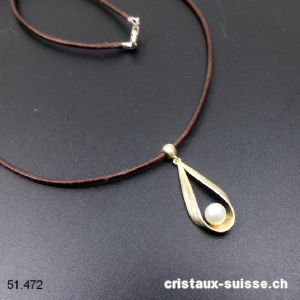 Pendentif Perle d'eau douce et argent 925 doré MAT. Avec chaîne en cuir brun 46 cm