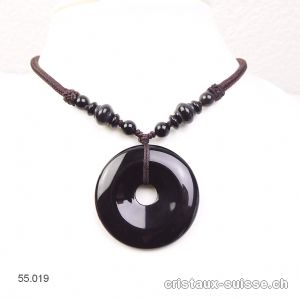 Collier Donut Onyx noir 4 cm, avec cordon tissu brun foncé