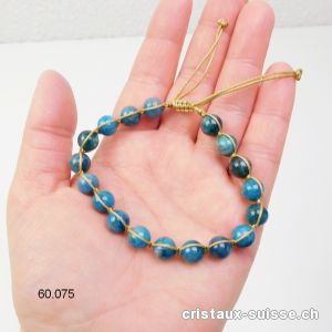 Bracelet Apatite bleue 8 mm et cordon satin doré réglable