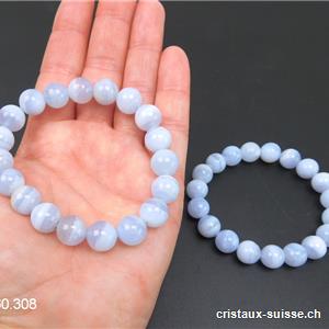 Bracelet Calcédoine bleue rubannée 10 mm, élastique 18,5 - 19 cm. Qual. A