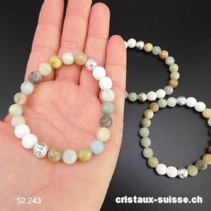 Bracelet Amazonite multicolore facettée et Lave blanche 8 mm, élastique 19 cm. OFFRE SPECIALE