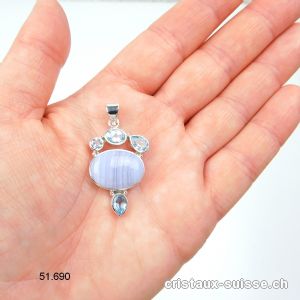 Pendentif Calcédoine bleue rubanée, Topaze bleue en argent 925. Pièce unique