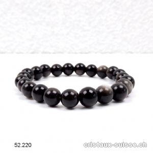 Bracelet Obsidienne argentée 8 mm, élastique 18,5 - 18 cm. Taille M