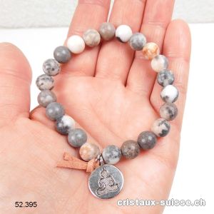 Bracelet Marbre zébré gris et rose 8,5 mm / 18 - 19 cm. Avec charm BOUDDHA