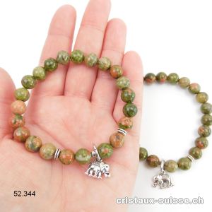 Bracelet Unakite - épidote 8,5 mm / 19 cm. AVEC ELEPHANT. Offre Spéciale