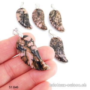 Pendentif Rhodonite, Aile d'Ange avec clip métal 3,5 cm