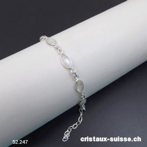 Bracelet Pierre de Lune arc-en-ciel Navette en argent 925, réglable 17 - 20 cm