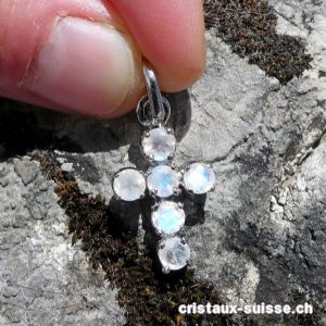 Pendentif petite CROIX Pierre de Lune arc-en-ciel en argent 925