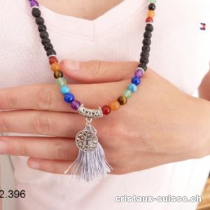 Bracelet  7 Chakras et Lave, Mala élastique. Avec Pompon et Arbre de Vie