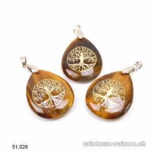 Pendentif Oeil de Tigre, goutte avec Arbre de Vie 3 x 2,5 cm