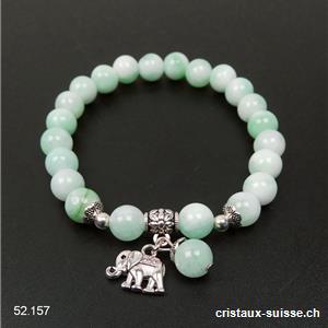 Bracelet Quartz vert d'eau 8 mm, élastique 19 cm. Avec éléphant