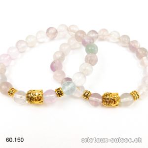 Bracelet Fluorite claire 8 - 8,5 mm/19 cm et BOUDDHA doré. Offre Spéciale